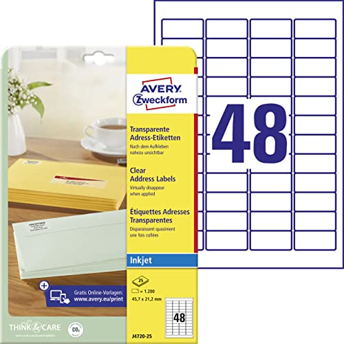 AVERY Zweckform J4720-25 Adressetiketten/Adressaufkleber (1.200 Etiketten, 45,7x21,2mm auf A4, bedruckbar, selbstklebend, für Absenderetiketten, Polyesterfolie, Inkjet-Drucker) 25 Blatt, transparent von AVERY Zweckform