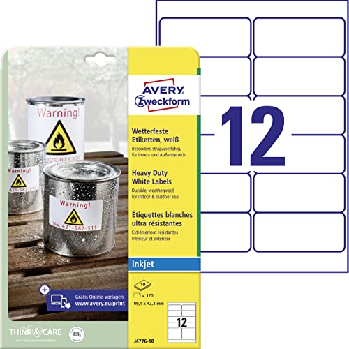 AVERY Zweckform J4776-10 Wetterfeste Folienetiketten Inkjet (120 Aufkleber, 99,1x42,3mm auf A4, extrem stark selbstklebend, wasserfest, strapazierfähig, bedruckbare Outdoor Klebefolie) 10 Blatt, weiß von AVERY Zweckform