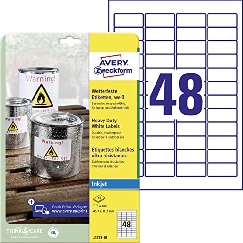 AVERY Zweckform J4778-10 Wetterfeste Folienetiketten Inkjet (480 Aufkleber, 45,7x21,2mm auf A4, extrem stark selbstklebend, wasserfest, strapazierfähig, bedruckbare Outdoor Klebefolie) 10 Blatt, weiß von AVERY Zweckform