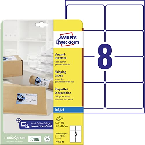 AVERY Zweckform J8165-25 Versandetiketten/Versandaufkleber (200 Etiketten, 99,1x67,7mm auf A4, bedruckbar, selbstklebend, für Inkjet-Drucker, für DIN B4/C4 Umschläge) 25 Blatt, weiß von AVERY Zweckform