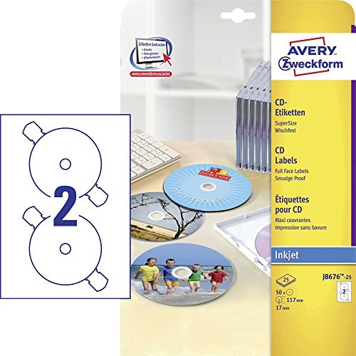 AVERY Zweckform J8676-25 selbstklebende CD-Etiketten (50 blickdichte CD-Aufkleber, Ø 117mm auf A4, SuperSize, Papier matt, bedruckbare Klebeetiketten für alle Inkjet-Drucker) 25 Blatt, weiß von AVERY Zweckform