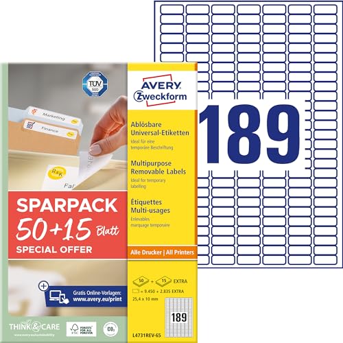 AVERY Zweckform L4731REV-65 Universal-Etiketten (9.450 plus 2.835 Klebeetiketten extra, 25,4x10mm auf A4, wieder rückstandsfrei ablösbar/abziehbar, bedruckbar, selbstklebende Aufkleber) 65 Blatt, weiß von AVERY Zweckform