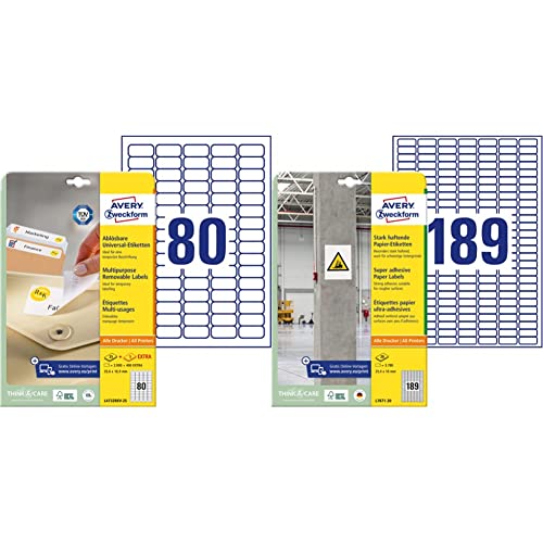 AVERY Zweckform L4732REV-25 Universal Etiketten 30 Blatt, weiß & L7871-20 Stark haftende Etiketten 20 Blatt, weiß von AVERY Zweckform