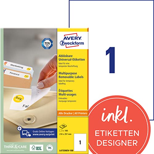 AVERY Zweckform L4735REV-25 Universal Etiketten (25 plus 5 Klebeetiketten extra, 210x297mm auf A4, wieder rückstandsfrei ablösbar/abziehbar, bedruckbar, selbstklebende Aufkleber) 30 Blatt, weiß von AVERY Zweckform