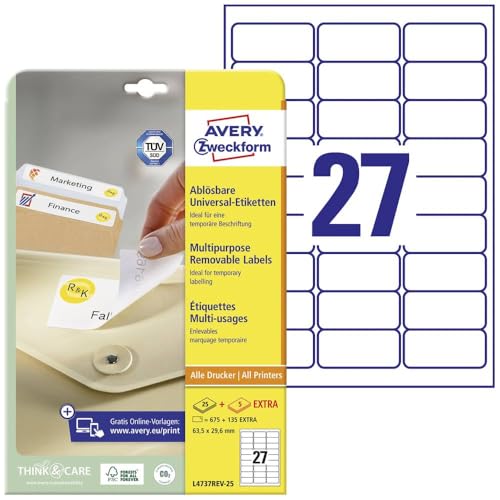 AVERY Zweckform L4737REV-25 Universal Etiketten (675 plus 135 Klebeetiketten extra, 63,5x29,6mm auf A4, wieder rückstandsfrei ablösbar/abziehbar, bedruckbar, selbstklebende Aufkleber) 30 Blatt, weiß von AVERY Zweckform