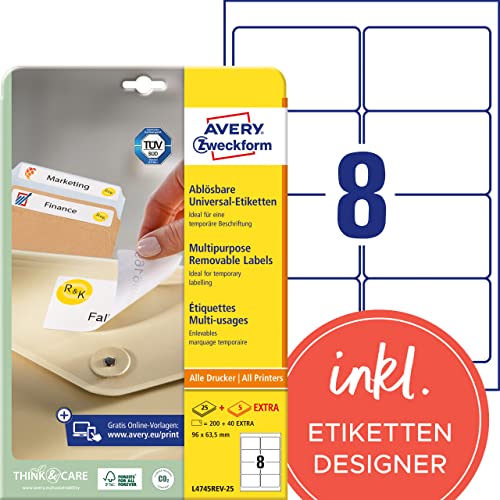 AVERY Zweckform L4745REV-25 Universal Etiketten (200 plus 40 Klebeetiketten extra, 96x63,5mm auf A4, wieder rückstandsfrei ablösbar/abziehbar, bedruckbar, selbstklebende Aufkleber) 30 Blatt, weiß von AVERY Zweckform