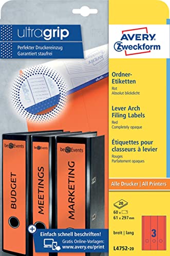 AVERY Zweckform L4752-20 Ordnerrücken Etiketten (60 Rückenschilder mit ultragrip, 61x297mm auf A4, breit/lang, selbstklebend, absolut blickdicht, bedruckbare Ordneretiketten) 20 Blatt, rot, Mittel von AVERY Zweckform