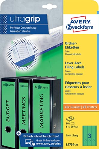 AVERY Zweckform L4754-20 Ordnerrücken Etiketten (60 Rückenschilder mit ultragrip, 61x297mm auf A4, breit/lang, selbstklebend, absolut blickdicht, bedruckbare Ordneretiketten) 20 Blatt, grün von AVERY Zweckform