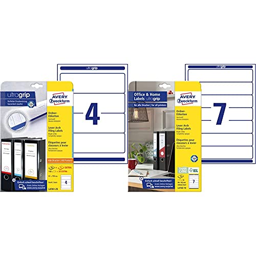 AVERY Zweckform L4761-25 Ordnerrücken Etiketten (120 Rückenschilder mit ultragrip, 61x192mm) 30 Blatt, weiß & L4760-10 Ordnerrücken Etiketten (70 Rückenschilder mit ultragrip, 38x192mm) 10 Blatt,weiß von AVERY Zweckform