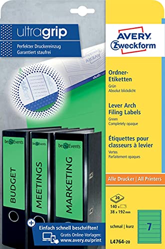 AVERY Zweckform L4764-20 Ordnerrücken Etiketten (140 Rückenschilder mit ultragrip, 38x192mm auf A4, schmal/kurz, selbstklebend, absolut blickdicht, bedruckbare Ordneretiketten) 20 Blatt, grün von AVERY Zweckform