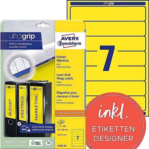 AVERY Zweckform L4765-20 Ordnerrücken Etiketten (140 Rückenschilder mit ultragrip, 38x192mm auf A4, schmal/kurz, selbstklebend, absolut blickdicht, bedruckbare Ordneretiketten) 20 Blatt, gelb von AVERY Zweckform