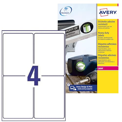 AVERY Zweckform L4774-8 Wetterfeste Folienetiketten (32 Klebeetiketten, 99,1x139mm auf A4, extrem stark selbstklebend, wasserfest, strapazierfähig, bedruckbare Outdoor Klebefolie) 8 Blatt, weiß von AVERY Zweckform