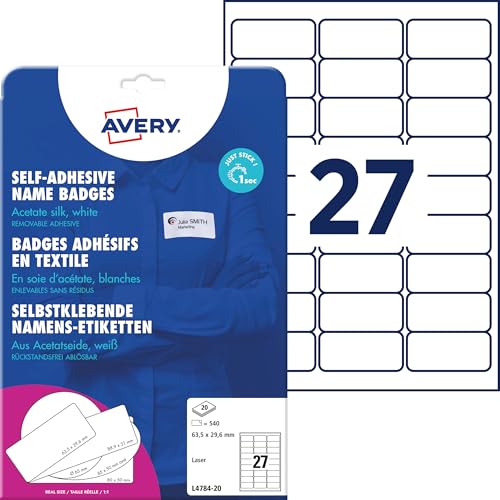 AVERY Zweckform L4784-20 Namensetiketten (540 Namensaufkleber, 63,5x29,6mm auf A4, selbstklebend, bedruckbare Textiletiketten aus Acetatseide für Laserdrucker, rückstandsfrei ablösbar) 20 Blatt, weiß von AVERY Zweckform