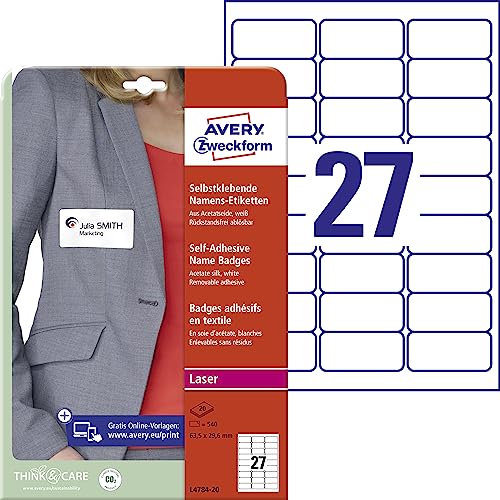 AVERY Zweckform L4784-20 Namensetiketten (540 Namensaufkleber, 63,5x29,6mm auf A4, selbstklebend, bedruckbare Textiletiketten aus Acetatseide für Laserdrucker, rückstandsfrei ablösbar) 20 Blatt, weiß von AVERY Zweckform