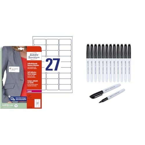 AVERY Zweckform L4784-20 Namensetiketten & Amazon Basics - Permanentmarker, Schwarz, 12er-Pack von AVERY Zweckform