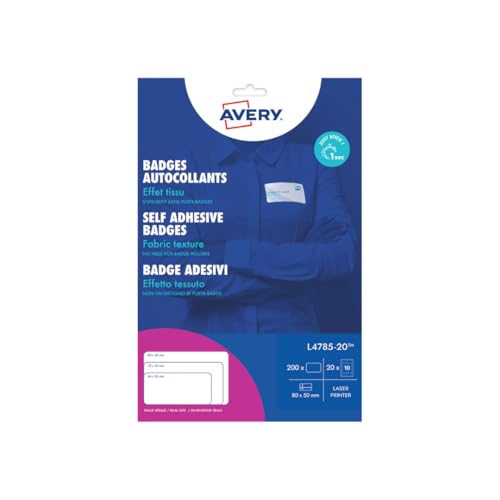 AVERY Zweckform L4785-20 Namensetiketten (200 Namensaufkleber, 80x50mm auf A4, selbstklebend, bedruckbare Textiletiketten aus Acetatseide für Laserdrucker, rückstandsfrei ablösbar) 20 Blatt, weiß von AVERY Zweckform