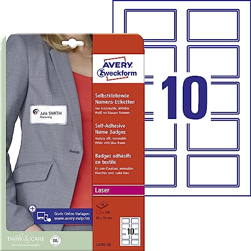 AVERY Zweckform L4787-20 Namensetiketten (200 Namensaufkleber, 80x50mm auf A4, selbstklebend, bedruckbare Textiletiketten aus Acetatseide, rückstandsfrei ablösbar) 20 Blatt, weiß mit blauem Rand von AVERY Zweckform