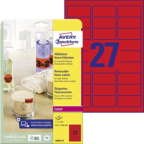 AVERY Zweckform L6003-25 leuchtend neonrote Etiketten (675 Aufkleber, 63,5x29,6mm auf A4, selbstklebend, bedruckbar, wiederablösbar, farbige Klebeetiketten zum auffälligen Kennzeichnen) 25 Blatt von AVERY Zweckform