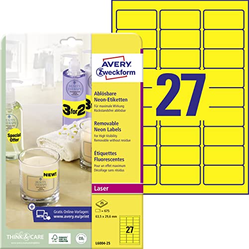 AVERY Zweckform L6004-25 leuchtend neongelbe Etiketten (675 Aufkleber, 63,5x29,6mm auf A4, selbstklebend, bedruckbar, wiederablösbar, farbige Klebeetiketten zum auffälligen Kennzeichnen) 25 Blatt von AVERY Zweckform