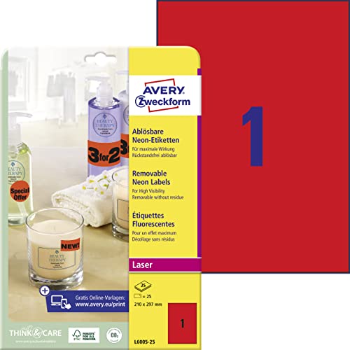 AVERY Zweckform L6005-25 leuchtend neon-rote Etiketten (25 Aufkleber, 210x297mm auf A4, selbstklebend, bedruckbar, ablösbar, farbige Klebeetiketten zum auffälligen Kennzeichnen) 25 Blatt von AVERY Zweckform