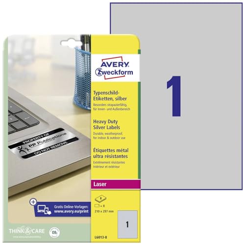 AVERY Zweckform L6013-8 Typenschild Folienetiketten (8 Aufkleber, 210x297mm auf A4, stark selbstklebend, strapazierfähig, wetterfest, bedruckbare Klebefolie, blanko) 8 Blatt, silber von AVERY Zweckform