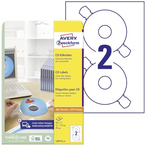 AVERY Zweckform L6015-25 selbstklebende CD-Etiketten inkl. Zentrierhilfe (50 blickdichte CD-Aufkleber, Ø 117mm auf A4, ClassicSize, bedruckbare Klebeetiketten für alle A4-Drucker) 25 Blatt, weiß von AVERY Zweckform