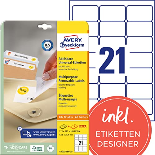 AVERY Zweckform L6023REV-25 Universal Etiketten (525 plus 105 Klebeetiketten extra, 63,5x38,1mm auf A4, wieder rückstandsfrei ablösbar/abziehbar, bedruckbar, selbstklebende Aufkleber) 30 Blatt, weiß von AVERY Zweckform