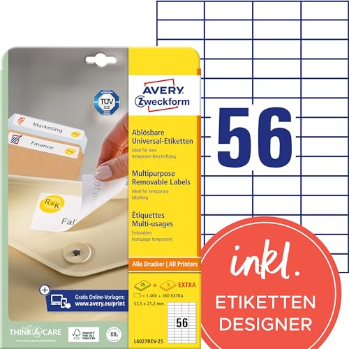 AVERY Zweckform L6027REV-25 Universal-Etiketten (1.400 plus 280 Klebeetiketten extra, 52,5x21,2mm auf A4, wieder rückstandsfrei ablösbar/abziehbar, bedruckbar, selbstklebende Aufkleber) 30 Blatt, weiß von AVERY Zweckform