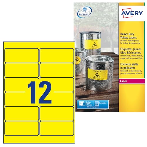 AVERY Zweckform L6107-20 Wetterfeste Folienetiketten (240 Signalaufkleber, 99,1x42,3mm auf A4, extrem stark selbstklebend, wasserfest, strapazierfähig, bedruckbare Outdoor Klebefolie) 20 Blatt, gelb von AVERY Zweckform