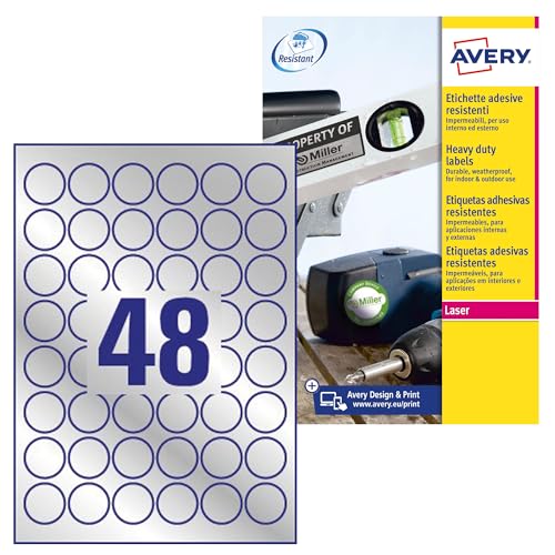 AVERY Zweckform L6129–20 silber schwer Pflicht wetterfest Etiketten für Laserdrucker (30 mm Dia Runde Etiketten, 48 Etiketten pro A4 Blatt, 20 Blatt) von Avery