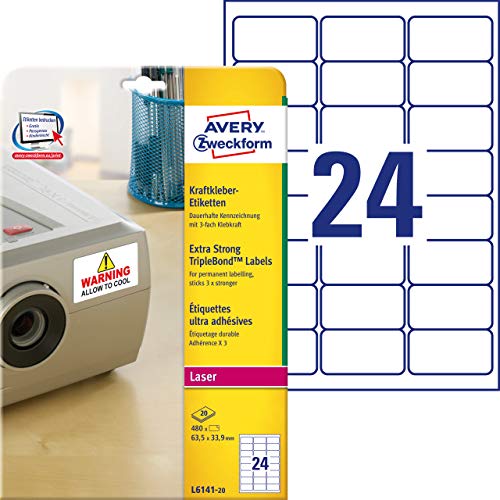 AVERY Zweckform L6141-20 Kraftkleber Etiketten (480 Aufkleber, 63,5x33,9mm auf A4, extrem stark selbstklebend, permanent haftend, bedruckbare Klebefolie für kritische Bedingungen) 20 Blatt, weiß von AVERY Zweckform