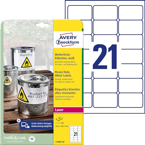 AVERY Zweckform L7060-20 Wetterfeste Folienetiketten (420 Klebeetiketten, 63,5x38,1mm auf A4, extrem stark selbstklebend, wasserfest, strapazierfähig, bedruckbare Outdoor Klebefolie) 20 Blatt, weiß von AVERY Zweckform