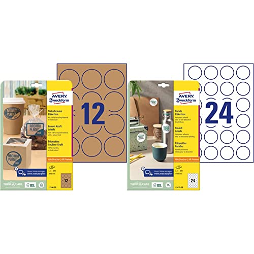 AVERY Zweckform L7106-25 Kraftpapier Etiketten (300 Aufkleber zum Bedrucken, Ø60 mm auf A4) 25 Blatt, naturbraun & Runde Etiketten L3415-10 (240 Aufkleber auf 10 Blatt, Ø 40 mm, A4) weiß von AVERY Zweckform