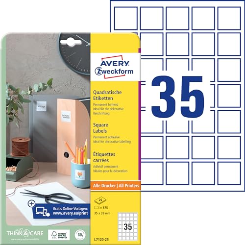 AVERY Zweckform L7120-25 Quadratische Etiketten (875 Klebeetiketten, 35x35mm auf A4, QR Code Aufkleber zum Bedrucken, selbstklebend, permanent haftende QR Code Etiketten) 25 Blatt, weiß von AVERY Zweckform