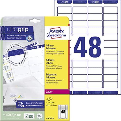 AVERY Zweckform L7636-25 Adressetiketten/Adressaufkleber (1.200 Etiketten mit ultragrip, 45,7x21,2mm auf A4, bedruckbar, selbstklebend, für Absenderetiketten, Papier matt) 25 Blatt, weiß von AVERY Zweckform