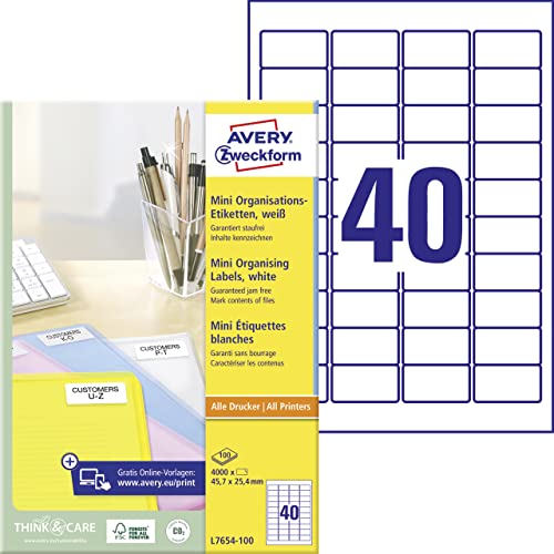 AVERY Zweckform L7654-100 mini Organisationsetiketten (4.000 Aufkleber, 45,7x24,4mm auf A4, selbstklebende Vielzweck-Etiketten, bedruckbar, Klebeetiketten zum Organisieren/Kennzeichnen) 100 Blatt von AVERY Zweckform