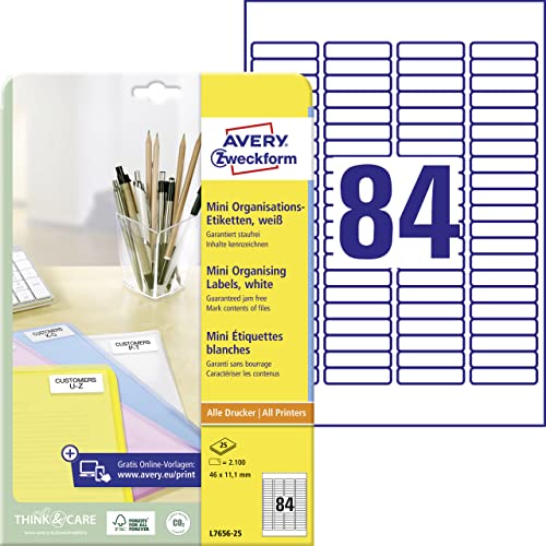 AVERY Zweckform L7656-25 mini Organisationsetiketten (2.100 Aufkleber, 46x11,1mm auf A4, selbstklebende Vielzweck-Etiketten, bedruckbar, Klebeetiketten zum Organisieren/Kennzeichnen) 25 Blatt, weiß von AVERY Zweckform