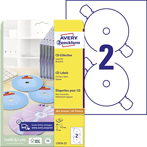 AVERY Zweckform L7676-25 selbstklebende CD-Etiketten (50 blickdichte CD-Aufkleber, Ø 117mm auf A4, SuperSize, Papier matt, bedruckbare Klebeetiketten für alle A4-Drucker) 25 Blatt, weiß, 50 Stück, 117 mm von Avery