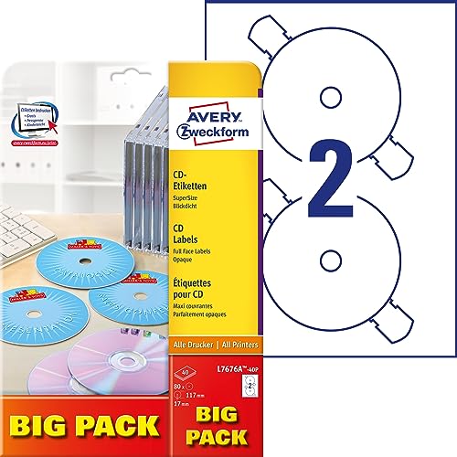 AVERY Zweckform L7676A-40P selbstklebende CD-Etiketten (80 blickdichte CD-Aufkleber, Ø 117mm auf A4, SuperSize, Papier matt, bedruckbare Klebeetiketten für alle A4-Drucker) 40 Blatt, weiß von AVERY Zweckform