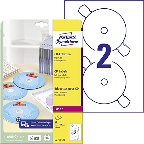 AVERY Zweckform L7760-25 selbstklebende CD-Etiketten (50 blickdichte CD-Aufkleber, Ø 117mm auf A4, SuperSize, Papier hochglänzend, bedruckbare Klebeetiketten für alle Laser-Drucker) 25 Blatt, weiß von Avery