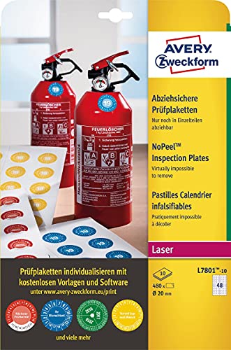 AVERY Zweckform L7801-10 Prüfplaketten bedruckbar (Ø 20 mm auf DIN A4, selbstklebend, abziehsichere, manipulationsichere Dokumentenfolie, Prüfetiketten, blanko) 480 Aufkleber auf 10 Blatt weiß von AVERY Zweckform