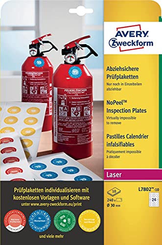 AVERY Zweckform L7802-10 Prüfplaketten bedruckbar (Ø 30 mm auf DIN A4, selbstklebend, abziehsicher, manipulationsichere Dokumentenfolie, Prüfetiketten, blanko) 240 Aufkleber auf 10 Blatt weiß von AVERY Zweckform