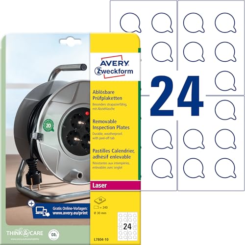 AVERY Zweckform L7804-10 Prüfplaketten (240 Aufkleber, Ø30mm auf A4, selbstklebend, widerstandsfähig/wetterfest, ablösbare Folie mit Abziehlasche, bedruckbare Prüfetiketten, blanko) 10 Blatt, weiß von AVERY Zweckform