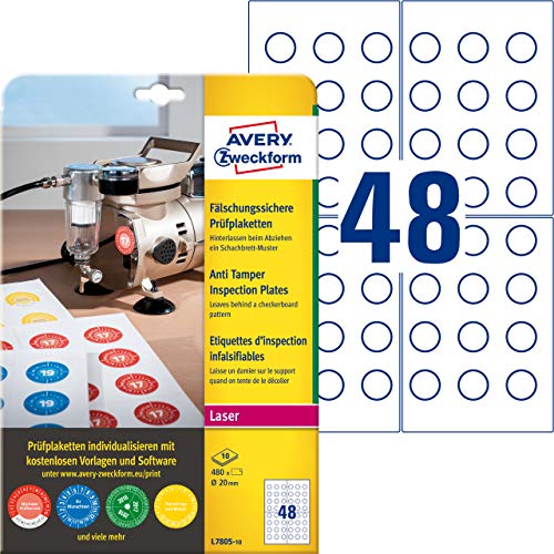 AVERY Zweckform L7805-10 Prüfplaketten bedruckbar (Ø 20 mm auf DIN A4, selbstklebend, fälschungssichere Folie, Prüfetiketten ideal zur Sicherheitskennzeichung, blanko) 480 Aufkleber auf 10 Blatt weiß von AVERY Zweckform