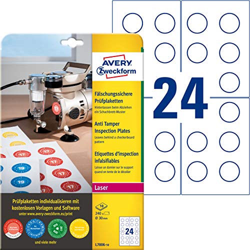 AVERY Zweckform L7806-10 Prüfplaketten bedruckbar (Ø 30 mm auf DIN A4, selbstklebend, fälschungssichere Folie, Prüfetiketten ideal zur Sicherheitskennzeichung, blanko) 240 Aufkleber auf 10 Blatt weiß von AVERY Zweckform