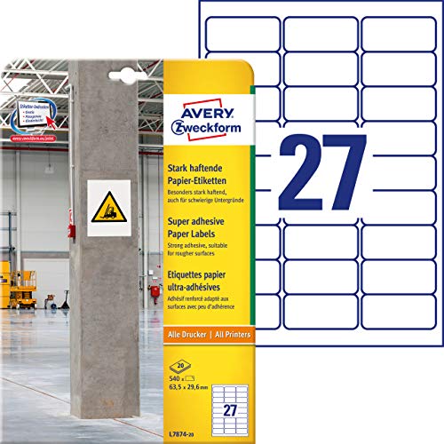 AVERY Zweckform L7874-20 Stark haftende Etiketten (540 Aufkleber, 63,5x29,6mm auf A4, extrem stark selbstklebend, auch für schwierige Oberflächen, bedruckbare Power Klebeetiketten) 20 Blatt, weiß von AVERY Zweckform