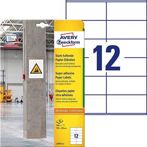 AVERY Zweckform L7875-20 Stark haftende Etiketten (240 Aufkleber, 105x48mm auf A4, extrem stark selbstklebend, auch für schwierige Oberflächen, bedruckbare Power Klebeetiketten) 20 Blatt, weiß von AVERY Zweckform