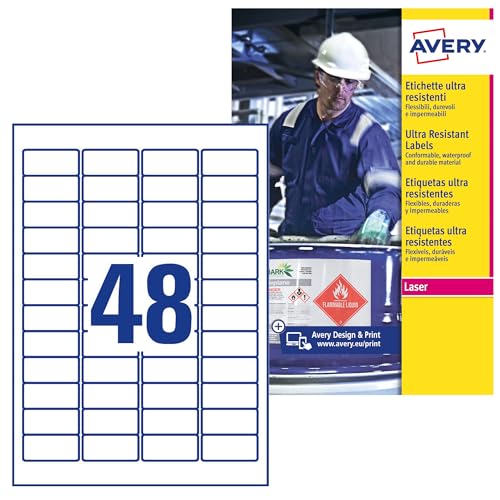 AVERY Zweckform L7911-10 Strapazierfähige Folienetiketten (480 Aufkleber, 45,7x21,2mm auf A4, extrem stark selbstklebend, für schwierige Oberflächen, bedruckbare Outdoor Klebefolie) 10 Blatt, weiß von AVERY Zweckform