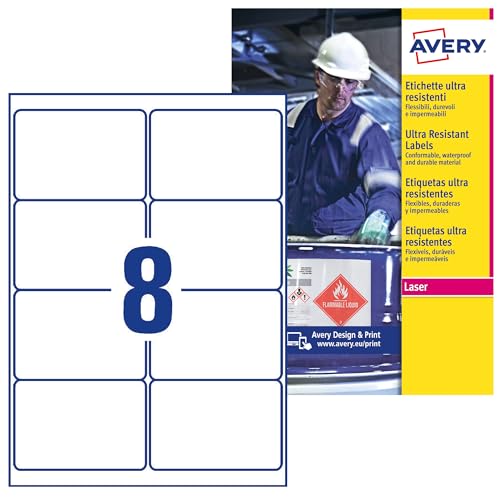 AVERY Zweckform L7914-10 Strapazierfähige Folienetiketten (80 Aufkleber, 99,1x67,7mm auf A4, extrem stark selbstklebend, für schwierige Oberflächen, bedruckbare Outdoor Klebefolie) 10 Blatt, weiß von AVERY Zweckform