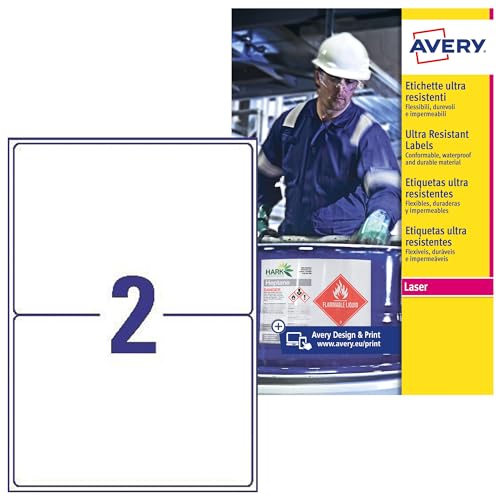 AVERY Zweckform L7916-10 Strapazierfähige Folienetiketten (20 Aufkleber, 210x148mm auf A4, extrem stark selbstklebend, für schwierige Oberflächen, bedruckbare Outdoor Klebefolie) 10 Blatt, weiß von AVERY Zweckform